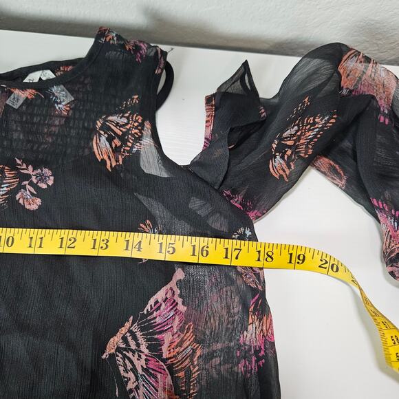 Mudd Cold Shoulder Blouse Womens XS Black Butterfly Print Sheer Boho Fairy Y2K - Picture 9 of 10